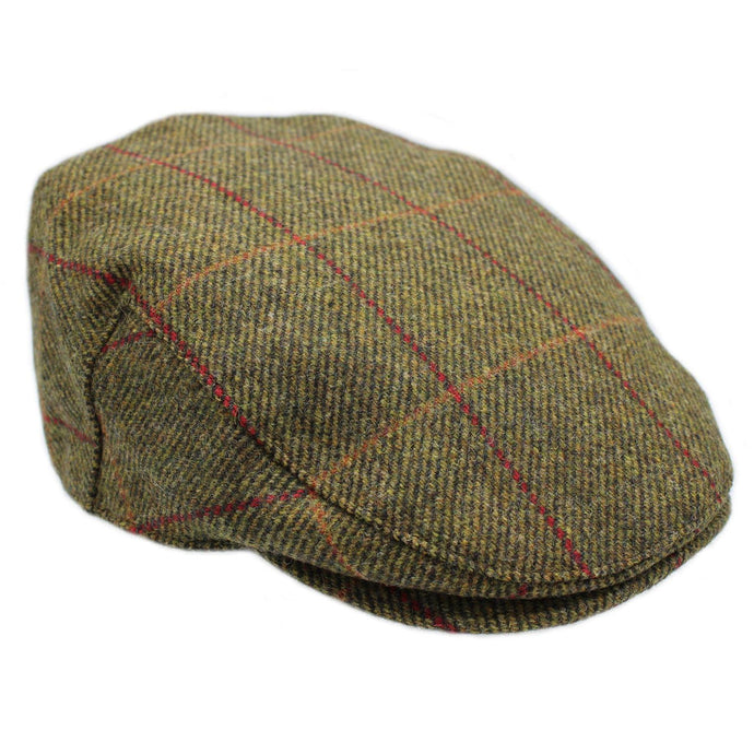 Kinloch Waterproof British Tweed Flat Cap - Mid Olive Red Check