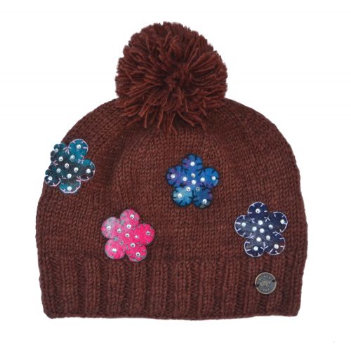 Pure Wool - Felt Flower Sparkle Bobble Hat - Cocoa