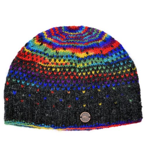 Pure Wool - Hand Knit Solar Tick Beanie Charcoal/Rainbow