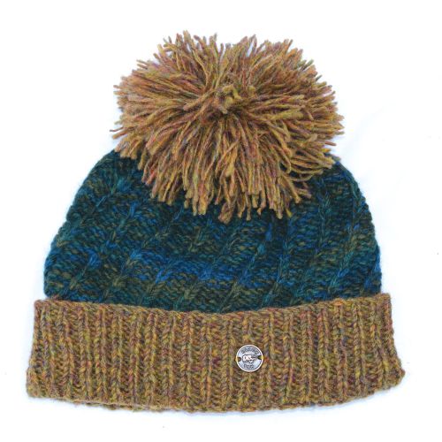 Pure Wool - Altitude Turn Up Bobble Hat - Spurce Teal Gold Heather