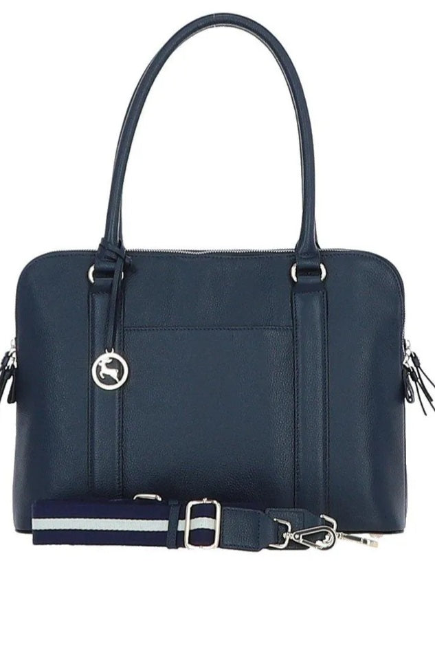 3 Section Large Leather Handbag - Navy