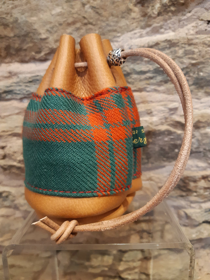 Ancient Menzies Tan Leather Tartan Drawstring Coin Pouch