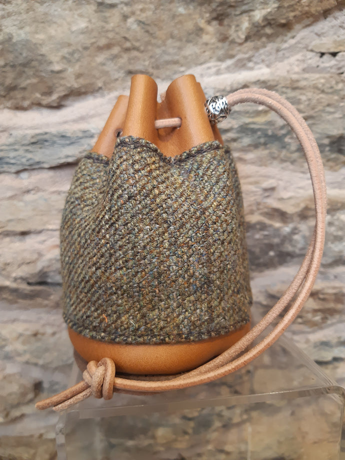 Handmade Tweed - Tan Leather Drawstring Coin Pouch