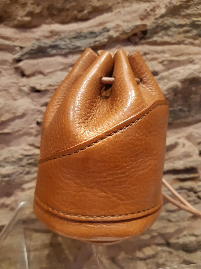 Handmade Tan Leather Drawstring Coin Pouch