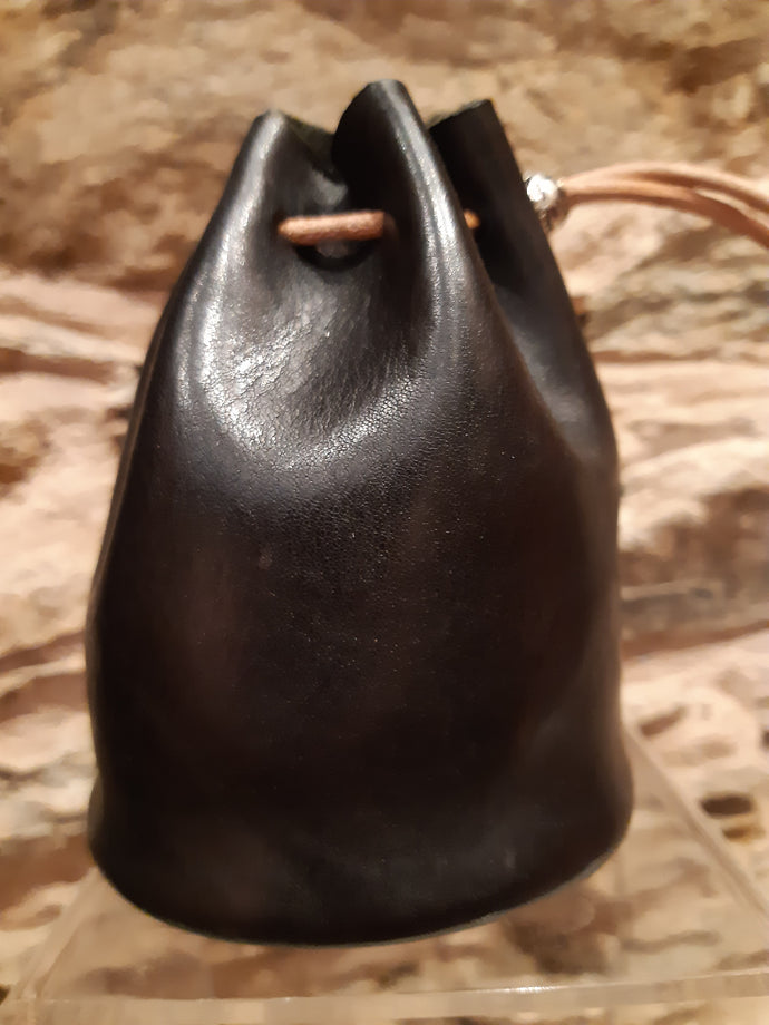 Handmade Black Leather Drawstring Coin Pouch