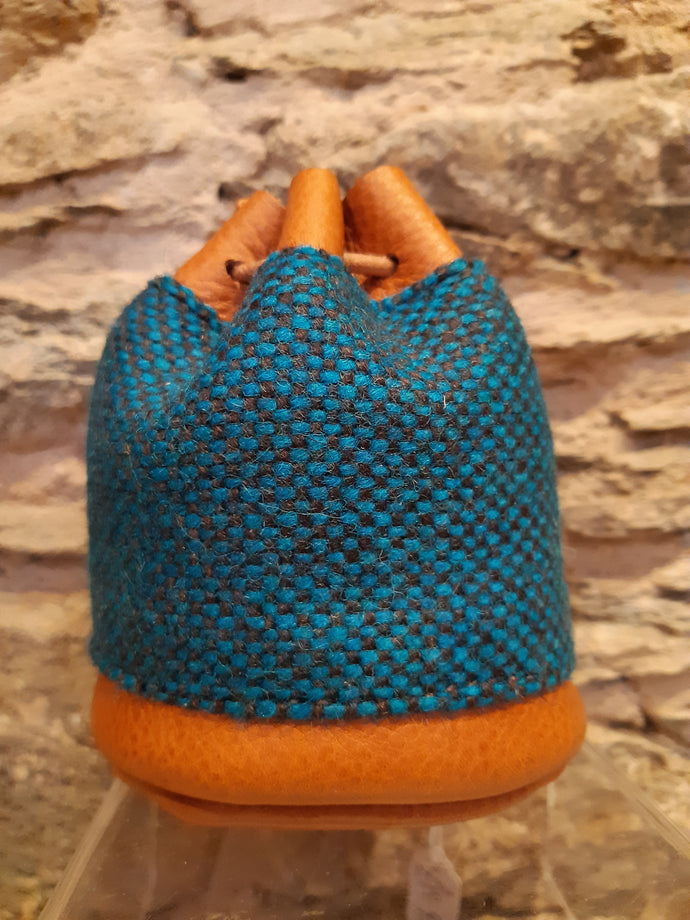 Handmade Turquoise Tweed - Tan Leather Drawstring Coin Pouch