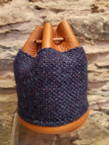 Handmade Purple Tweed - Tan Leather Drawstring Coin Pouch