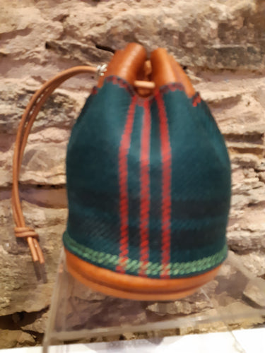 Handmade Tan Leather Tartan Drawstring Coin Pouch