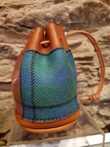 Handmade Tan Leather Tartan Drawstring Coin Pouch