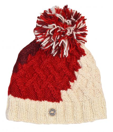 Hand Knit Wool Lattice Step Up Bobble Hat Reds/Cream