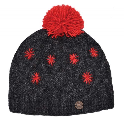 Hand Knit Diamond Cable Bobble Hat - Charcoal/Red