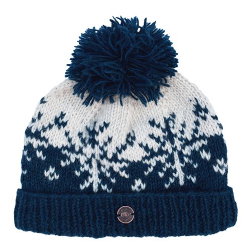 Pure Wool Hand Knit - Snowflake Reflection Bobble Hat - Dark Denim