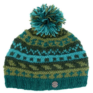 Pure Wool - Bobble Hat - Ridge Pattern Greens