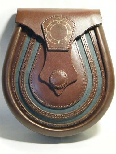 Herd of Sporrans - Handcrafted Brown Masonic Leather Lucky Horse Shoe Sporran, Ness Glacier Blue -Urban